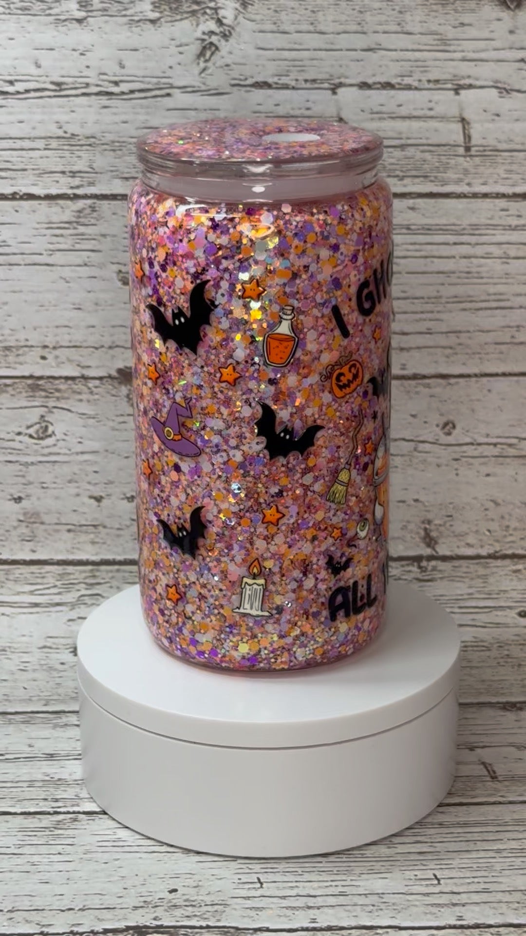 👻 I Ghost People All Year Round Glitter Glass Cup Wrap + Matching Lid