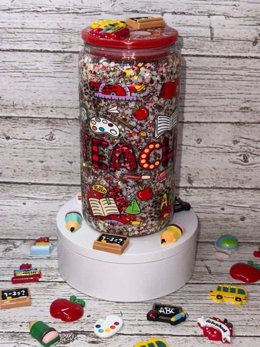 Teacher Glitter Glass Cup 🍎✨✏️