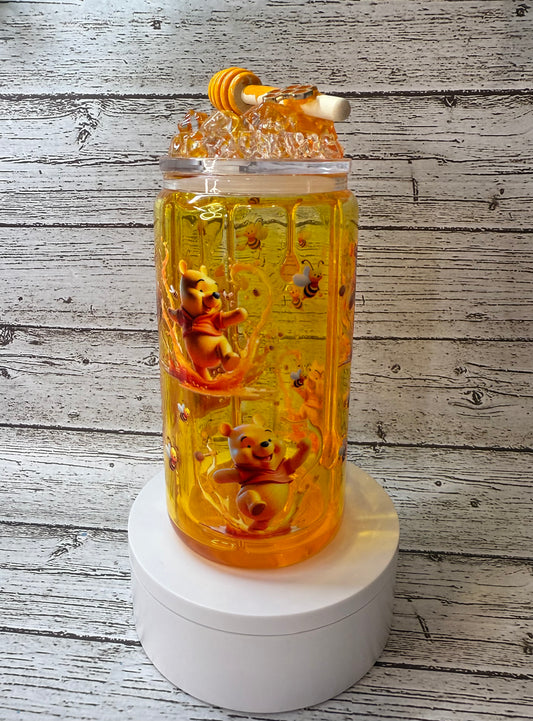 Winnie the Pooh Glass Cup w/Honey Drip & Ice Lid