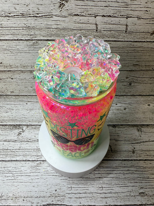 🌴💖 Resting Beach Face Neon "Slushy" Glitter Glass Cup with Ice Lid 🌊✨