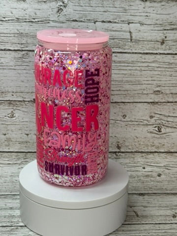 🎀 Breast Cancer Awareness Glitter Glass Cup 💖