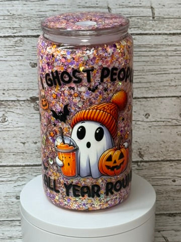 👻 I Ghost People All Year Round Glitter Glass Cup Wrap + Matching Lid