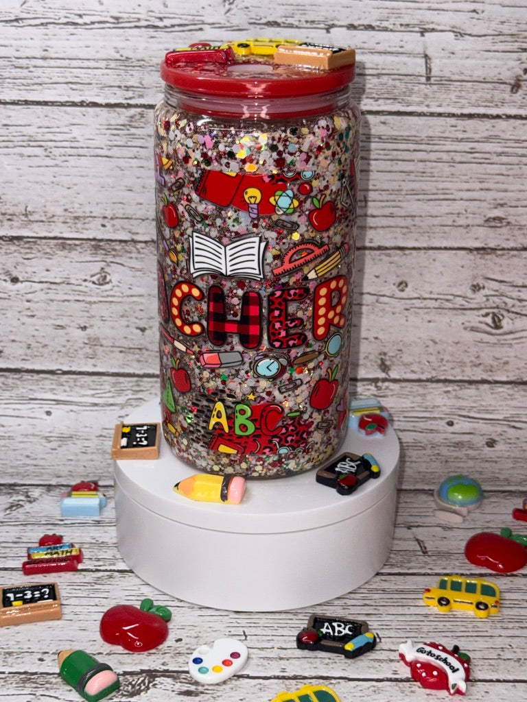 Teacher Glitter Glass Cup 🍎✨✏️