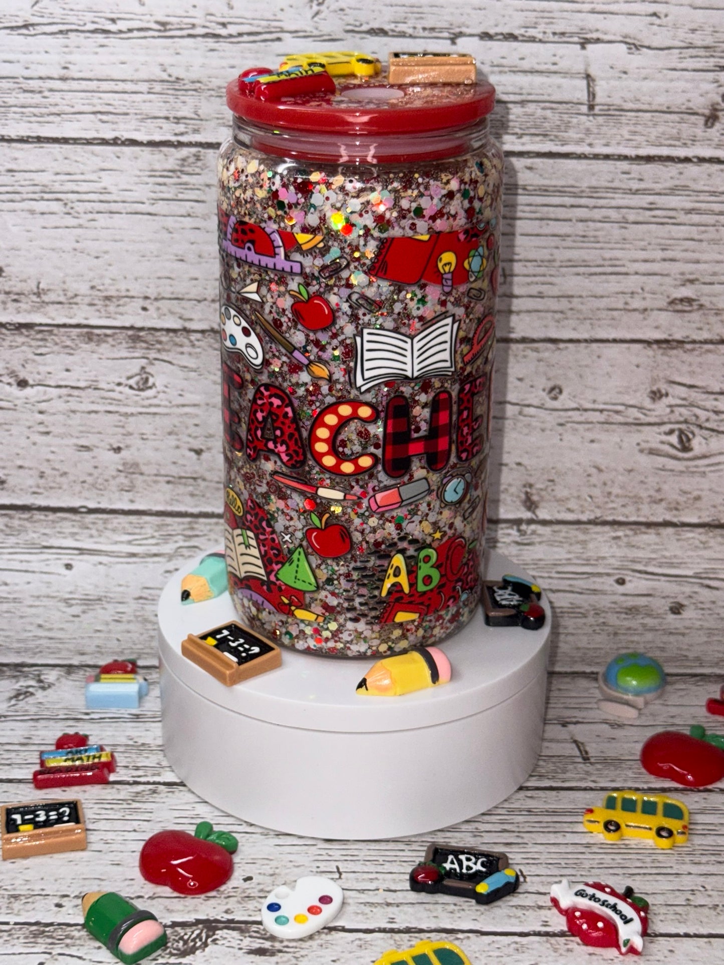 Teacher Glitter Glass Cup 🍎✨✏️