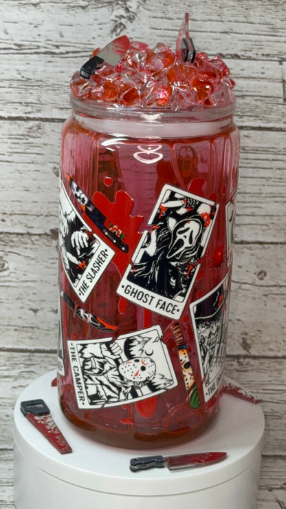 Scary Movie Main Character Glass Cup w/Bloody Ice Lid🔪🩸👻