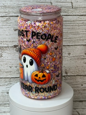 👻 I Ghost People All Year Round Glitter Glass Cup Wrap + Matching Lid