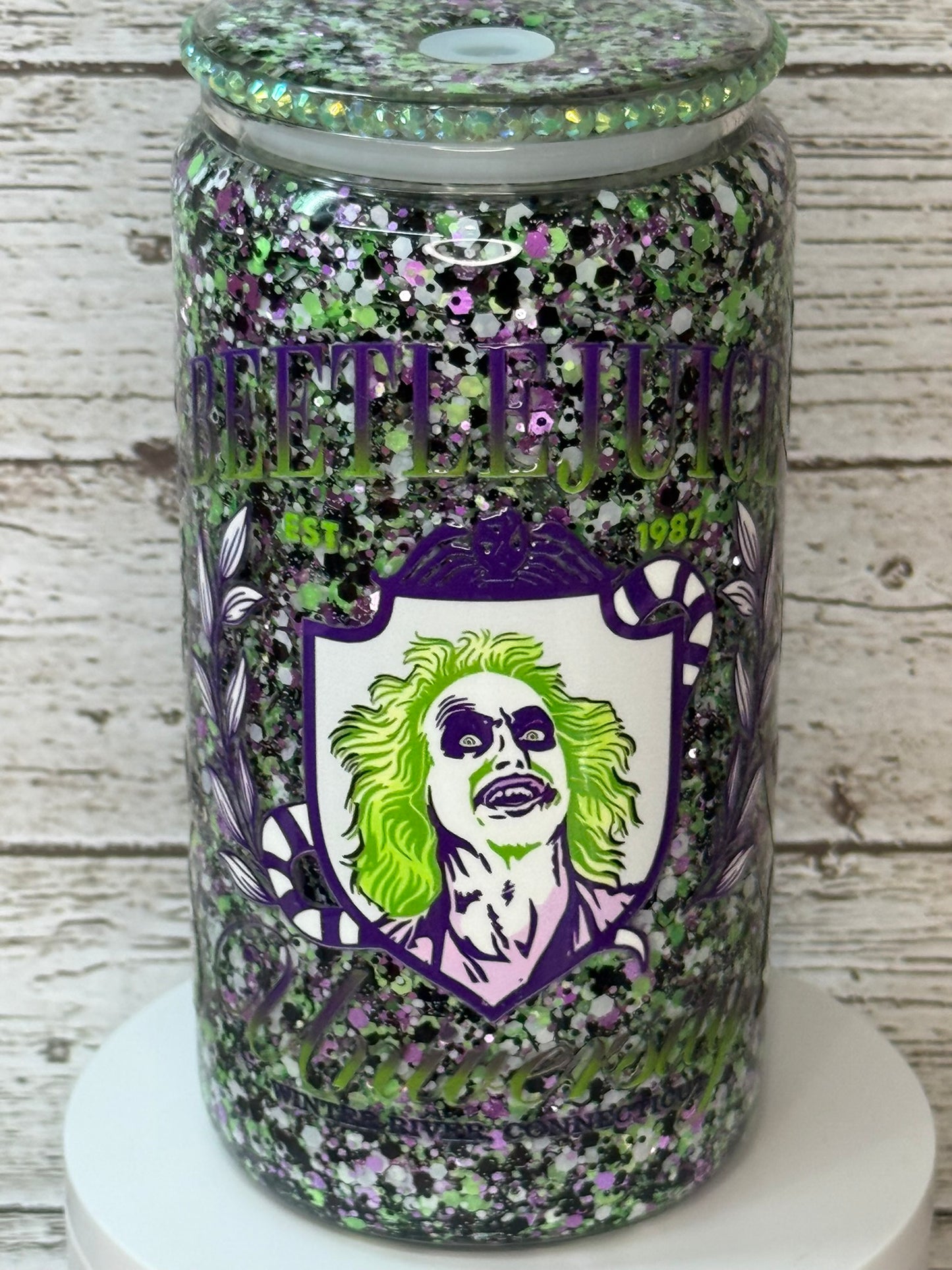 Beetlejuice Glitter Glass Cup 👻💚🖤