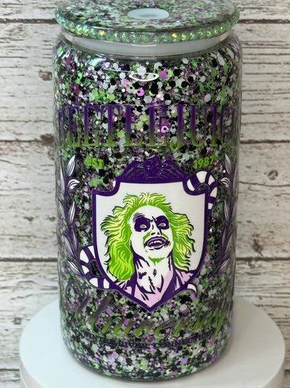 Beetlejuice Glitter Glass Cup 👻💚🖤
