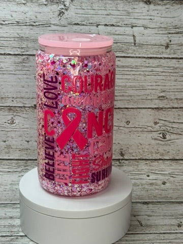 🎀 Breast Cancer Awareness Glitter Glass Cup 💖