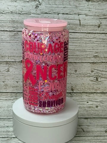 🎀 Breast Cancer Awareness Glitter Glass Cup 💖