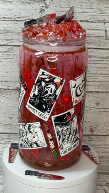 Scary Movie Main Character Glass Cup w/Bloody Ice Lid🔪🩸👻