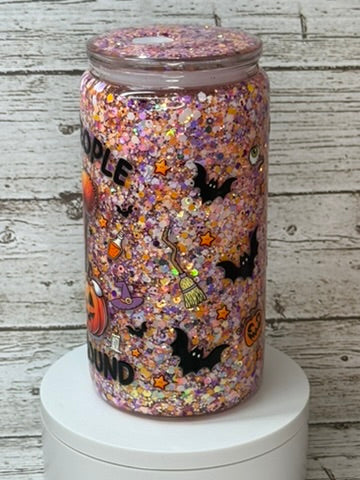 👻 I Ghost People All Year Round Glitter Glass Cup Wrap + Matching Lid