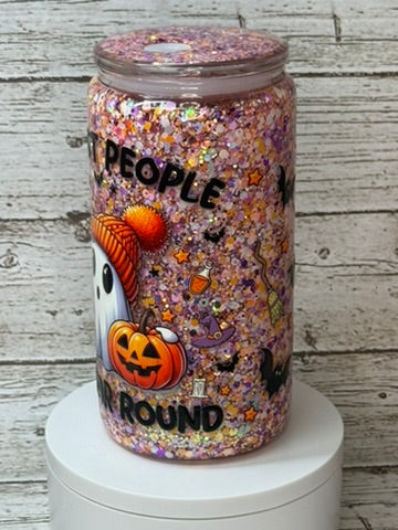 👻 I Ghost People All Year Round Glitter Glass Cup Wrap + Matching Lid