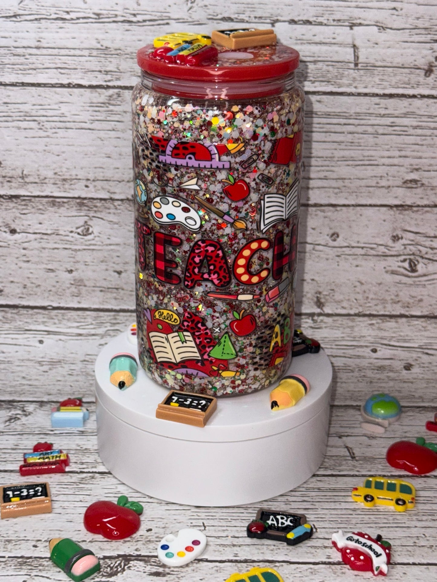 Teacher Glitter Glass Cup 🍎✨✏️