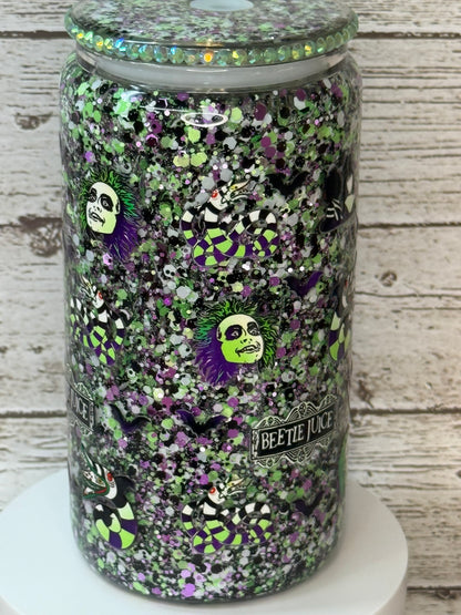 Beetlejuice Glitter Glass Cup 👻💚🖤