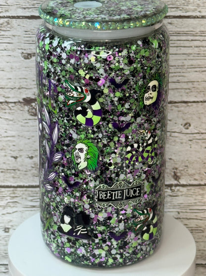 Beetlejuice Glitter Glass Cup 👻💚🖤