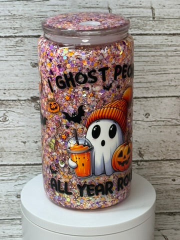 👻 I Ghost People All Year Round Glitter Glass Cup Wrap + Matching Lid