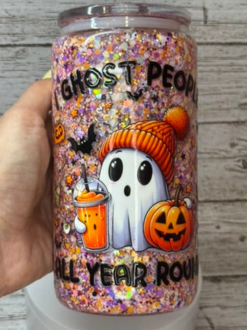 👻 I Ghost People All Year Round Glitter Glass Cup Wrap + Matching Lid