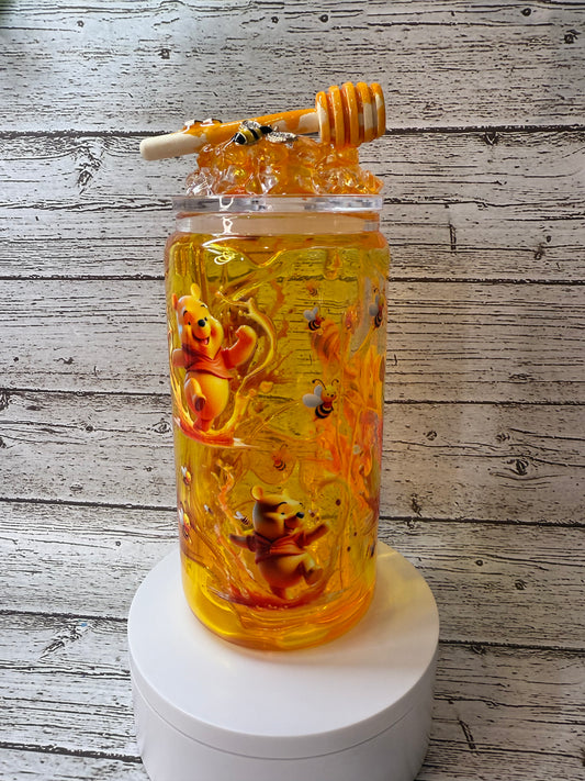 Winnie the Pooh Glass Cup w/Honey Drip & Ice Lid