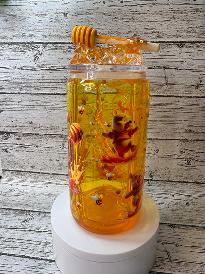 Winnie the Pooh Glass Cup w/Honey Drip & Ice Lid