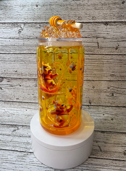 Winnie the Pooh Glass Cup w/Honey Drip & Ice Lid