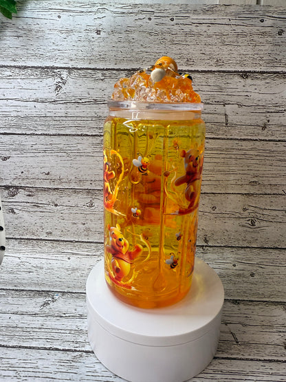 Winnie the Pooh Glass Cup w/Honey Drip & Ice Lid