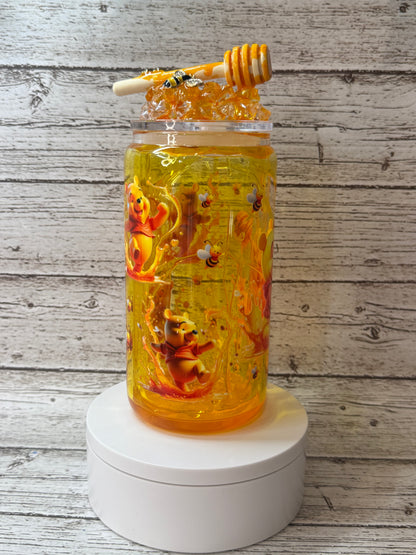 Winnie the Pooh Glass Cup w/Honey Drip & Ice Lid
