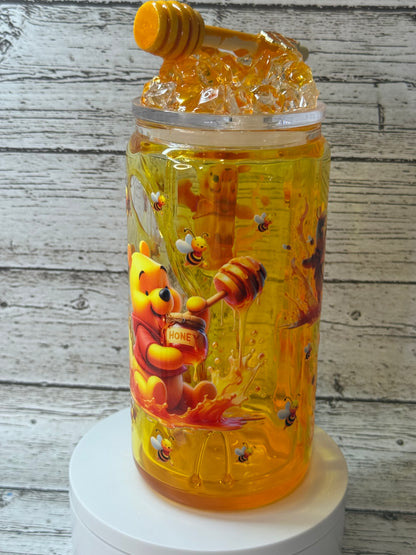 Winnie the Pooh Glass Cup w/Honey Drip & Ice Lid