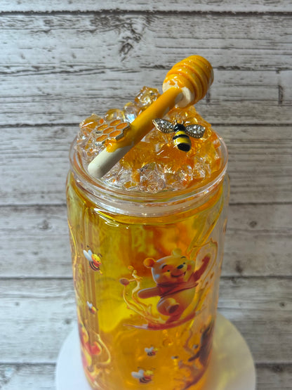 Winnie the Pooh Glass Cup w/Honey Drip & Ice Lid