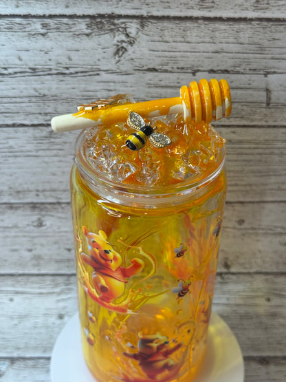 Winnie the Pooh Glass Cup w/Honey Drip & Ice Lid