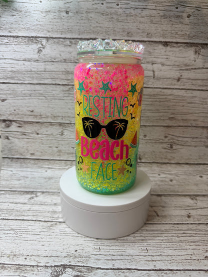 🌴💖 Resting Beach Face Neon "Slushy" Glitter Glass Cup with Ice Lid 🌊✨