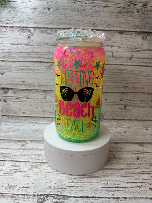 🌴💖 Resting Beach Face Neon "Slushy" Glitter Glass Cup with Ice Lid 🌊✨