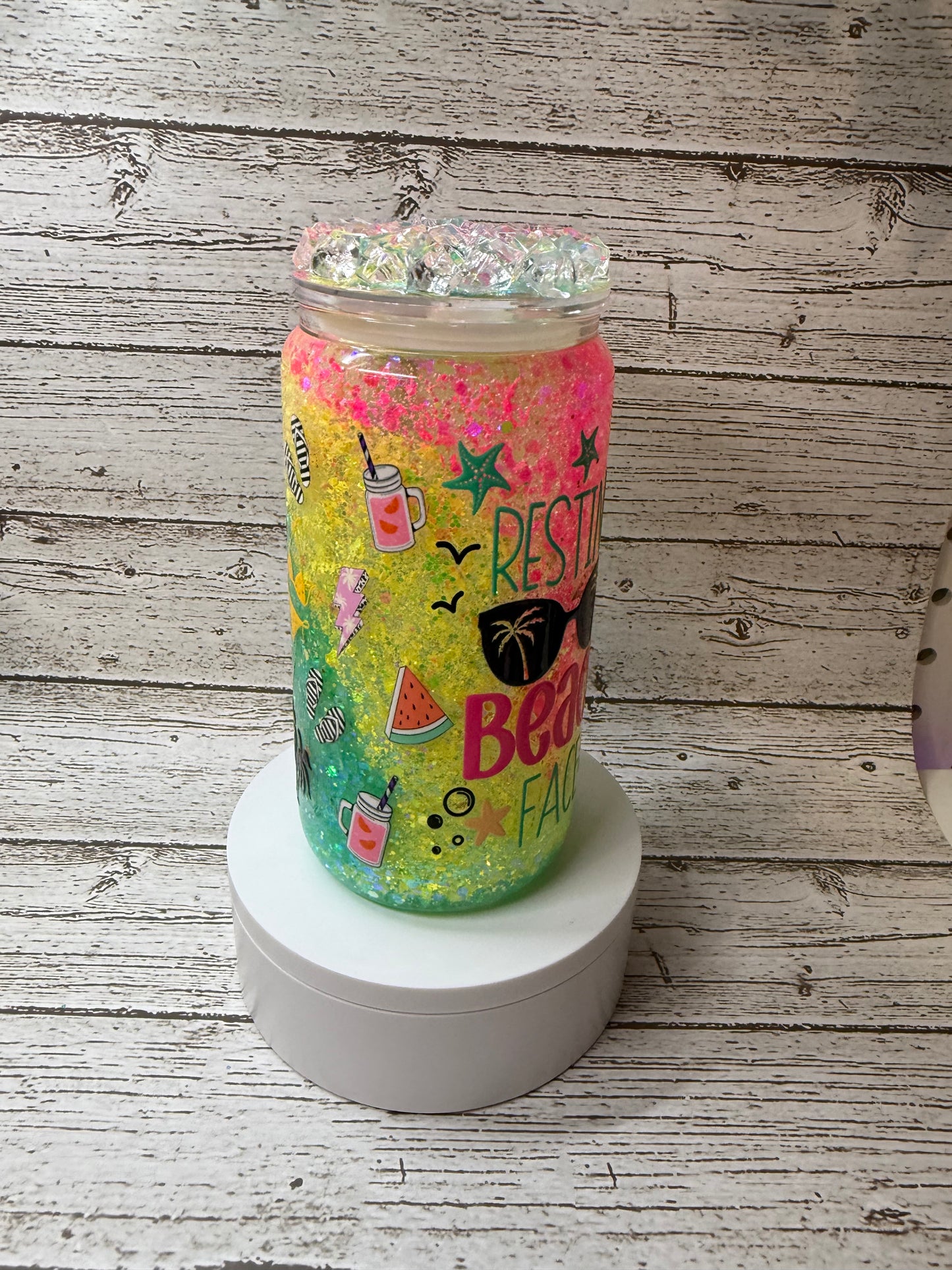 🌴💖 Resting Beach Face Neon "Slushy" Glitter Glass Cup with Ice Lid 🌊✨