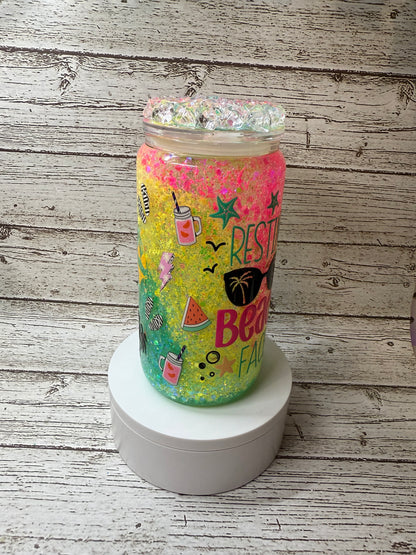 🌴💖 Resting Beach Face Neon "Slushy" Glitter Glass Cup with Ice Lid 🌊✨