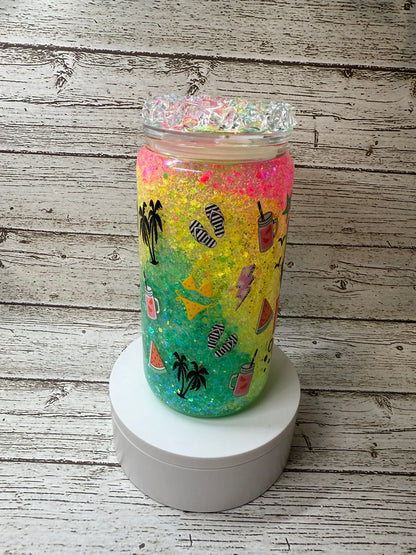 🌴💖 Resting Beach Face Neon "Slushy" Glitter Glass Cup with Ice Lid 🌊✨