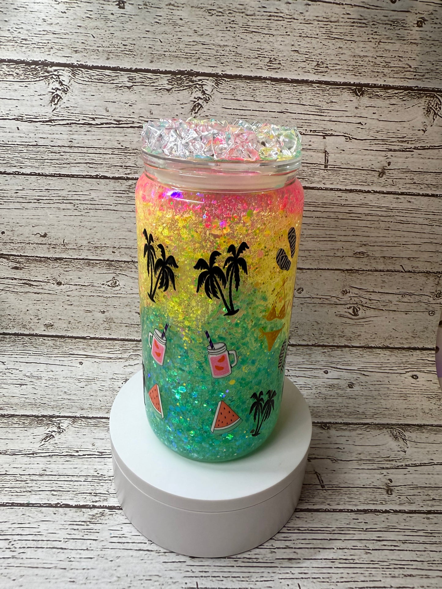 🌴💖 Resting Beach Face Neon "Slushy" Glitter Glass Cup with Ice Lid 🌊✨