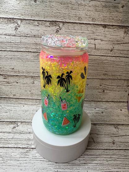 🌴💖 Resting Beach Face Neon "Slushy" Glitter Glass Cup with Ice Lid 🌊✨