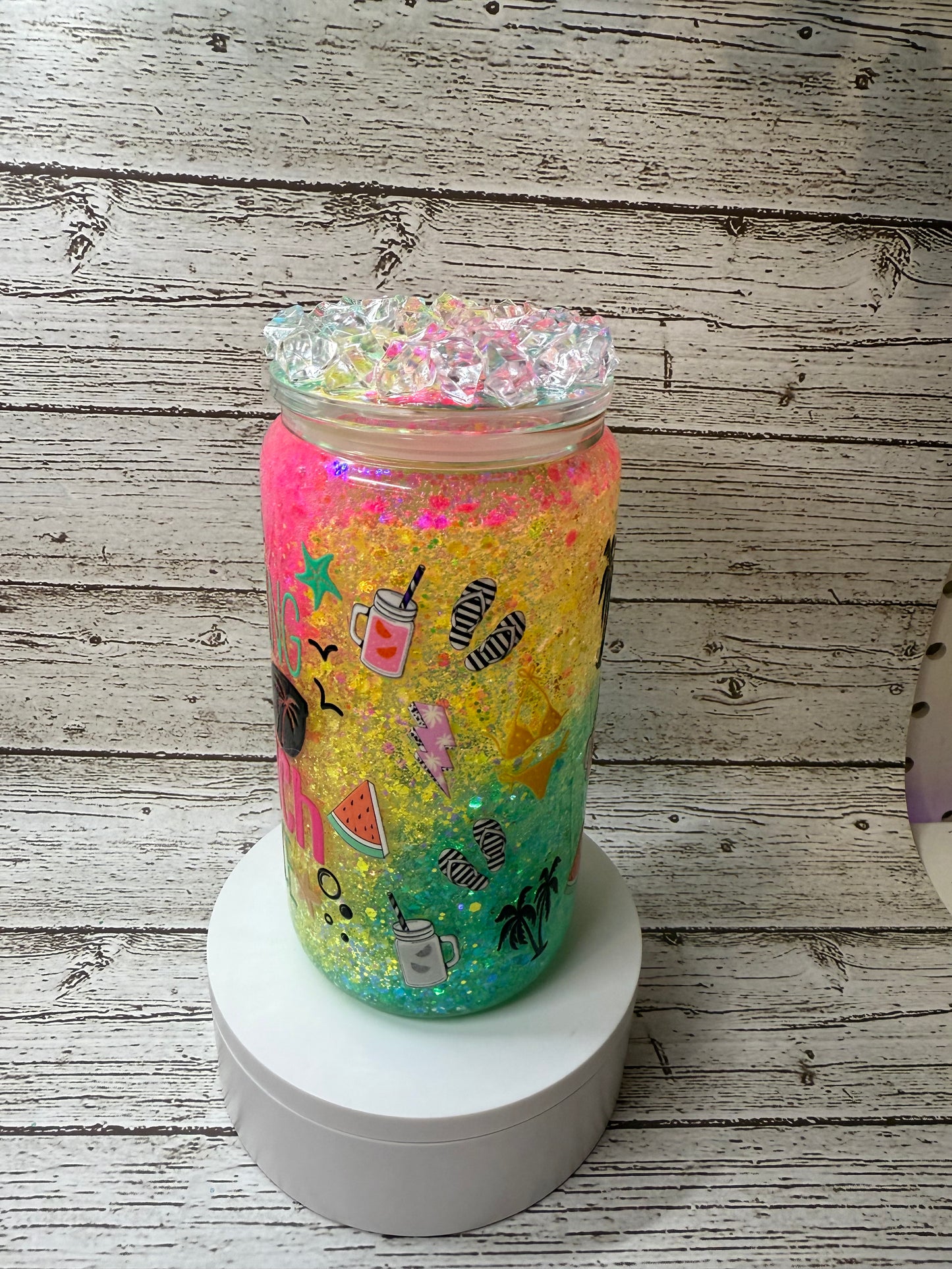 🌴💖 Resting Beach Face Neon "Slushy" Glitter Glass Cup with Ice Lid 🌊✨