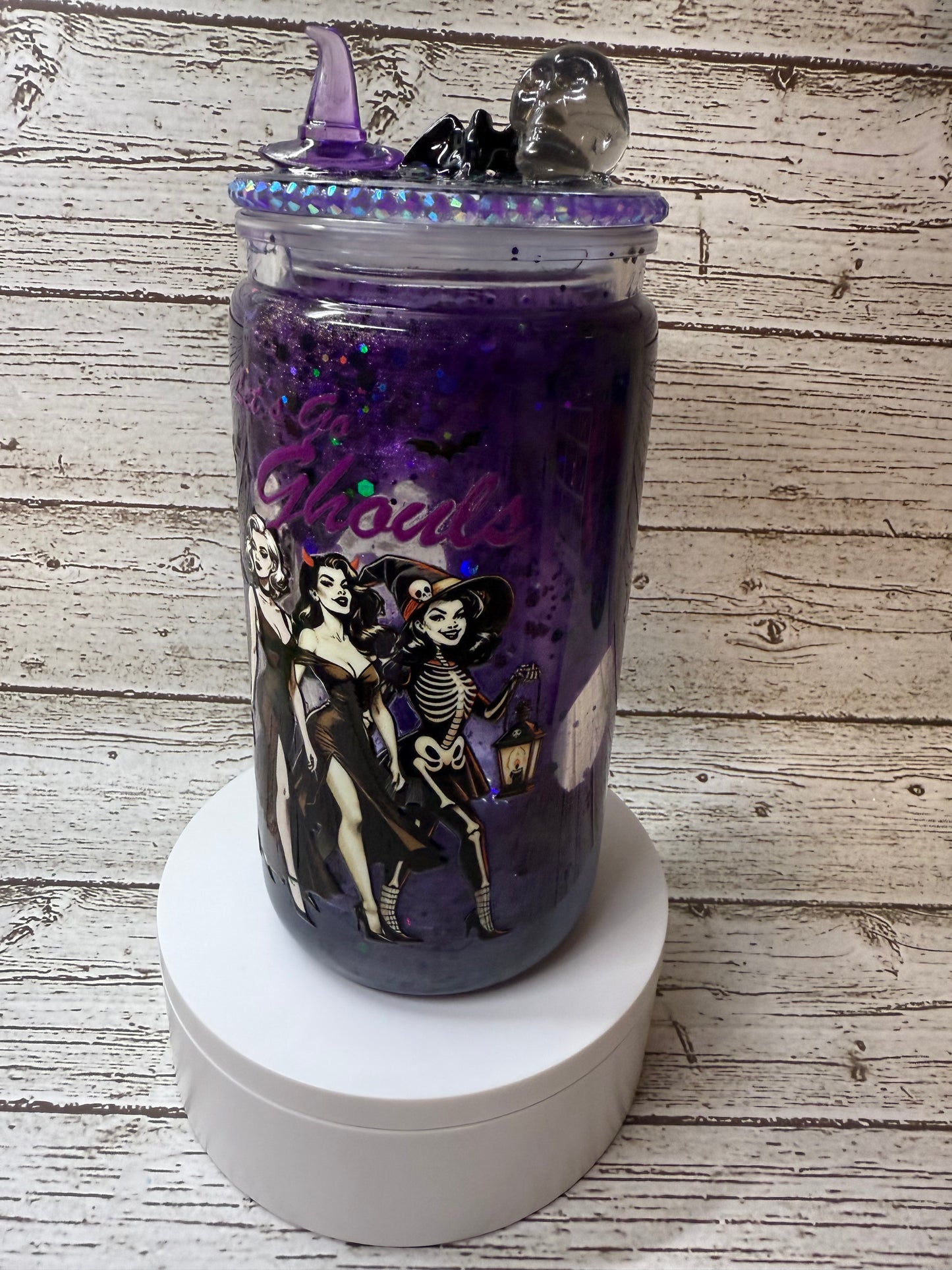 Let’s Go Ghouls 💜✨ Purple Lava Drip Glass Cup with Rhinestone & Charm Lid