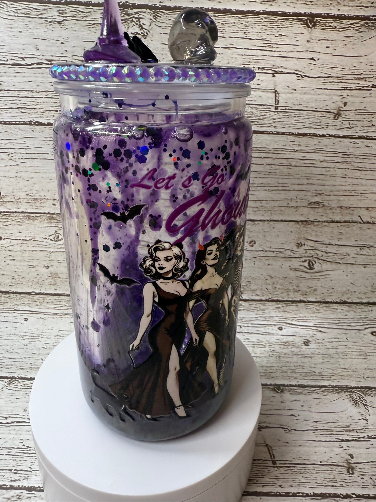 Let’s Go Ghouls 💜✨ Purple Lava Drip Glass Cup with Rhinestone & Charm Lid