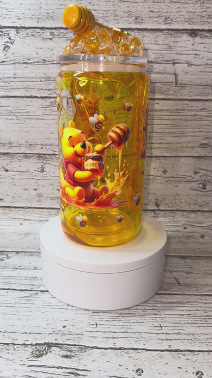 Winnie the Pooh Glass Cup w/Honey Drip & Ice Lid