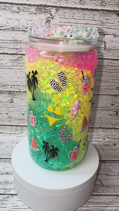🌴💖 Resting Beach Face Neon "Slushy" Glitter Glass Cup with Ice Lid 🌊✨